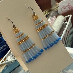 Blue and Gold Beaded Earrings